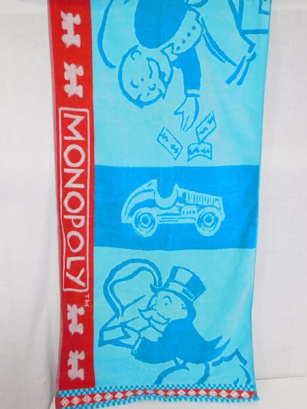 VTG MONOPOLY Game Beach Towel 2002 Jay Franco Blue Red White Dice 23" x 49"